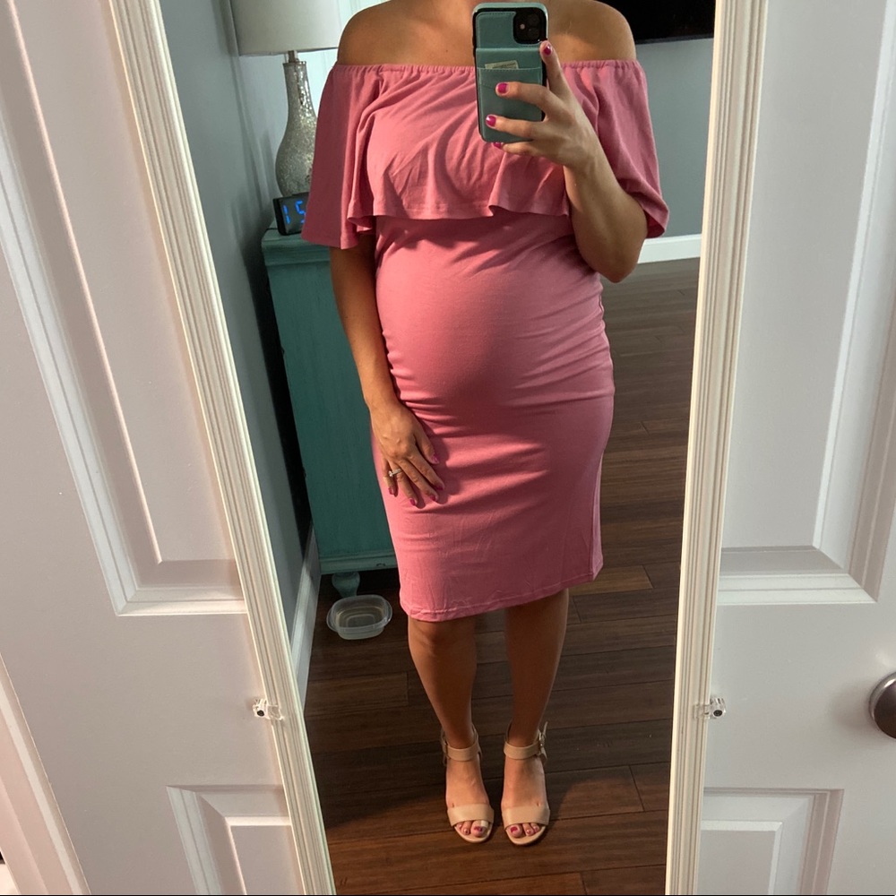 Pink Off-Shoulder Ruffle Maternity Dress